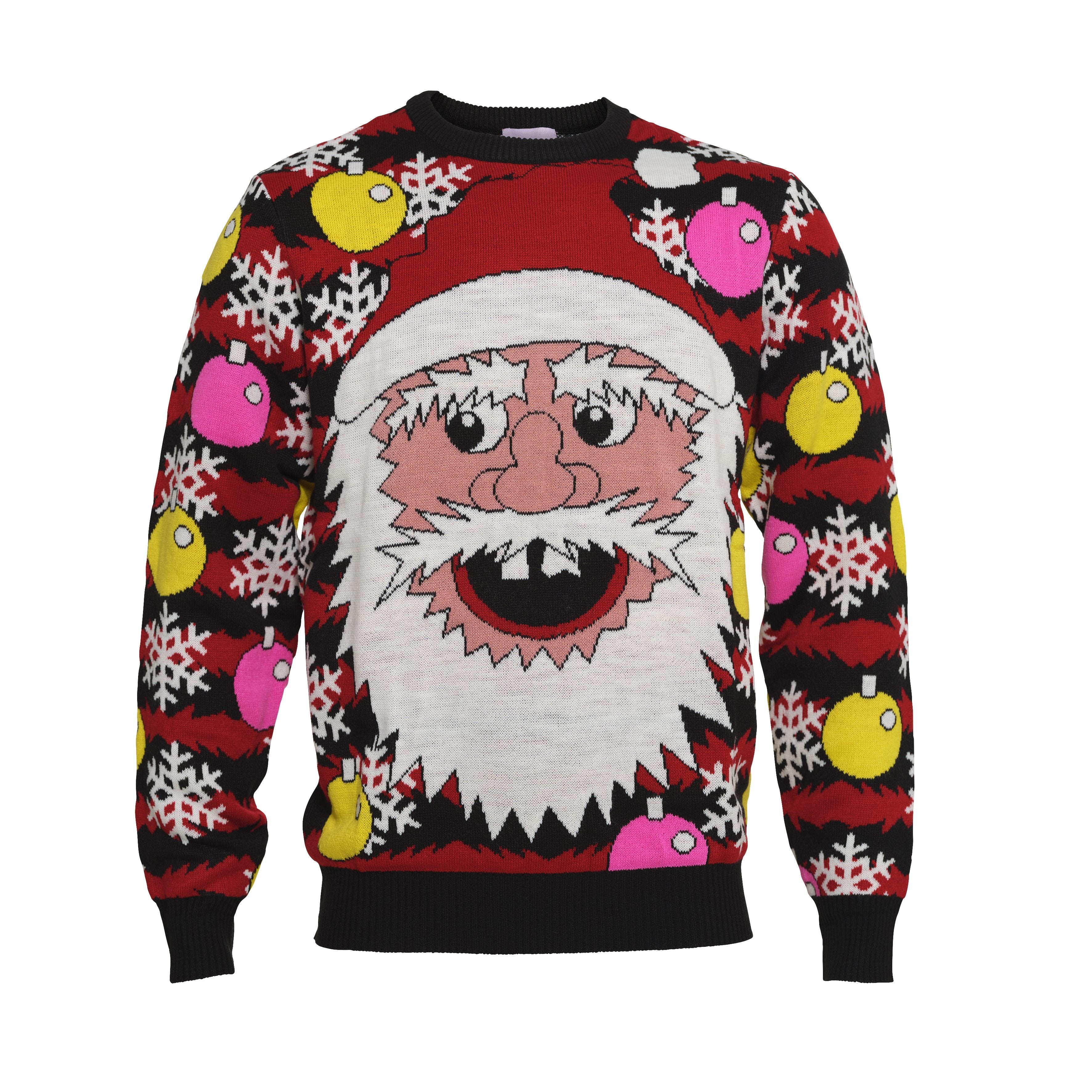 Un pull de Noël rouge et noir avec un Père Noël souriant dessus.